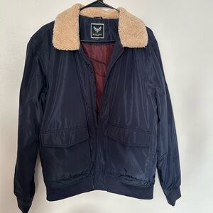 Navy Jacket with Tan Shearling Collar